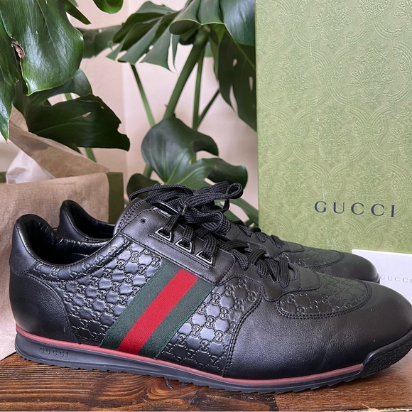 ❗️SOLD❗️GUCCI MicroGuccisima GG Web Detail  Black Leather Sneakers US14.5 - Picture 7 of 14
